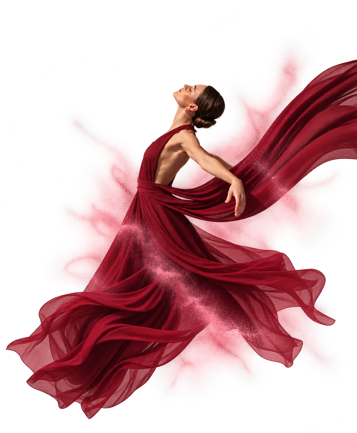 Dancer in a flowing red dress arching back in a burst of pink powder